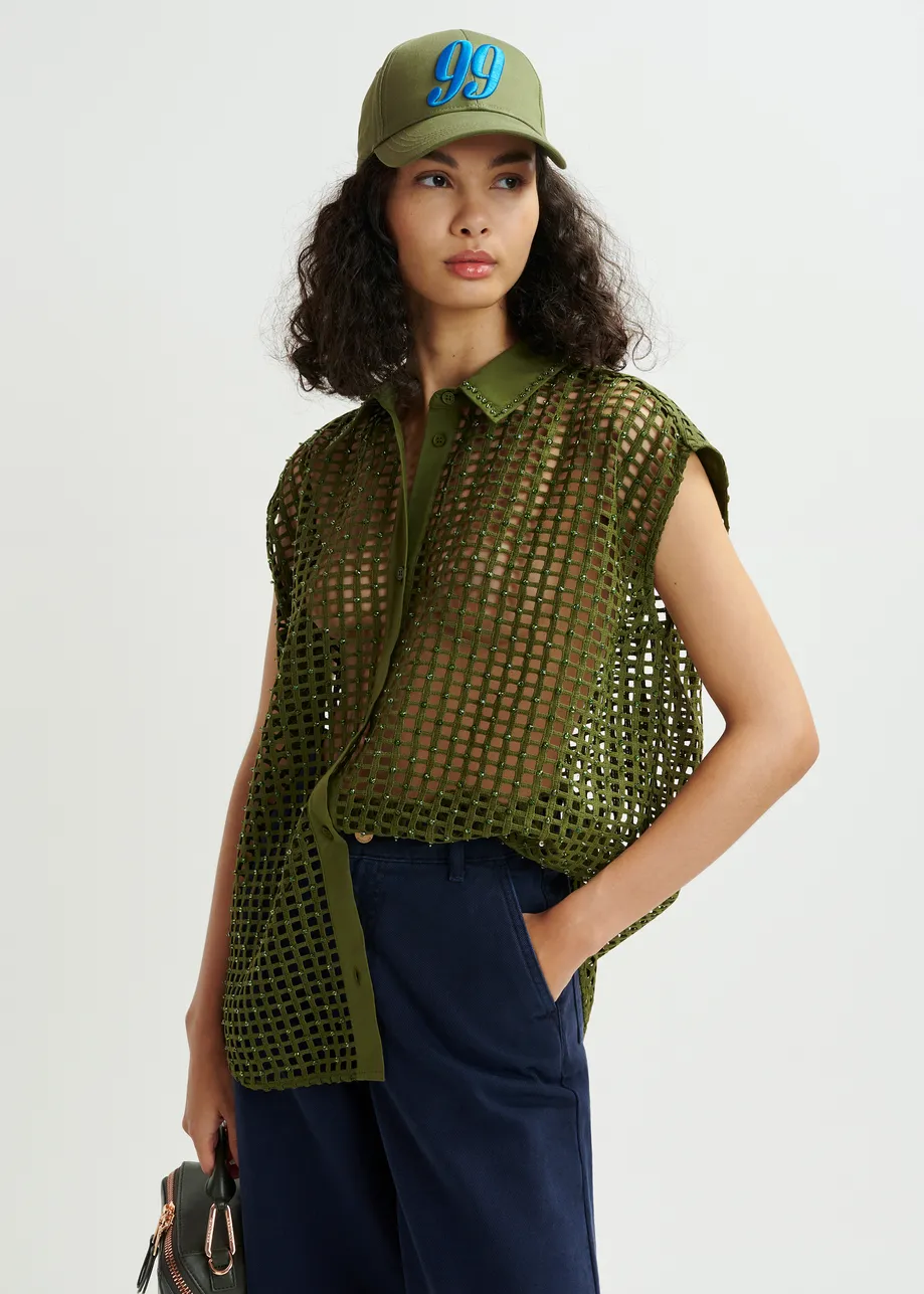 Khaki mesh sleeveless shirt with bead embellishments