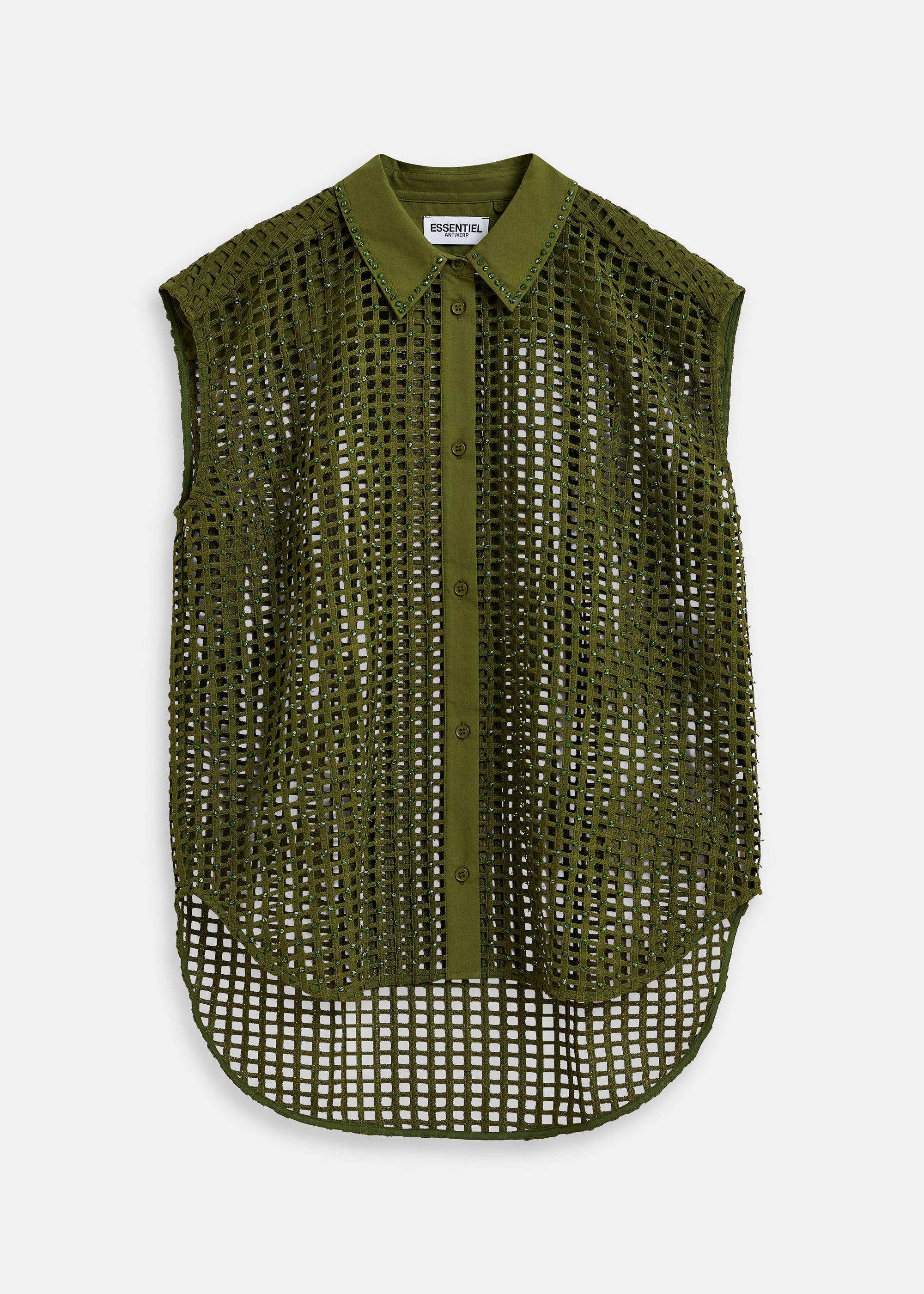 Khaki mesh sleeveless shirt with bead embellishments