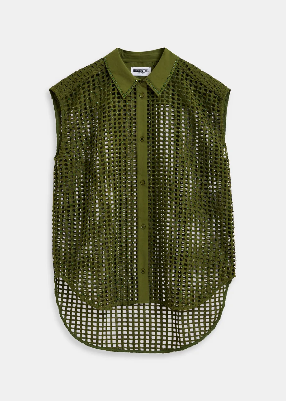 Khaki mesh sleeveless shirt with bead embellishments