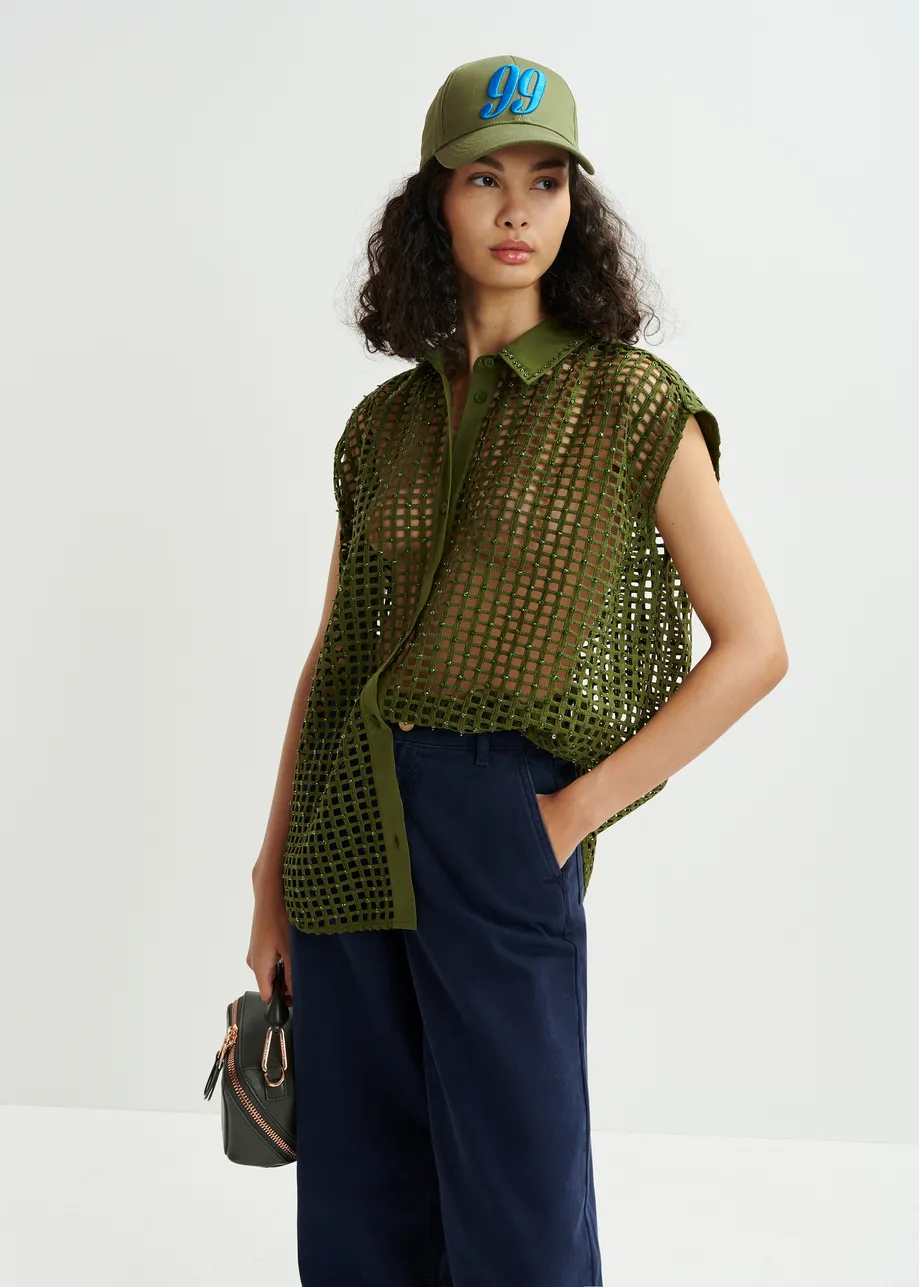 Khaki mesh sleeveless shirt with bead embellishments