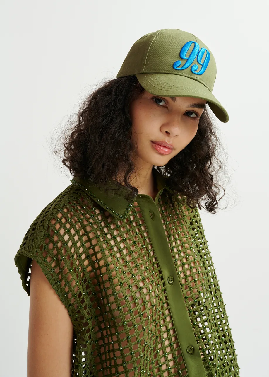 Khaki mesh sleeveless shirt with bead embellishments