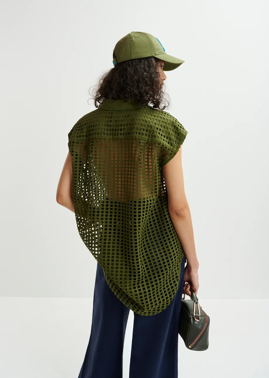 Khaki mesh sleeveless shirt with bead embellishments