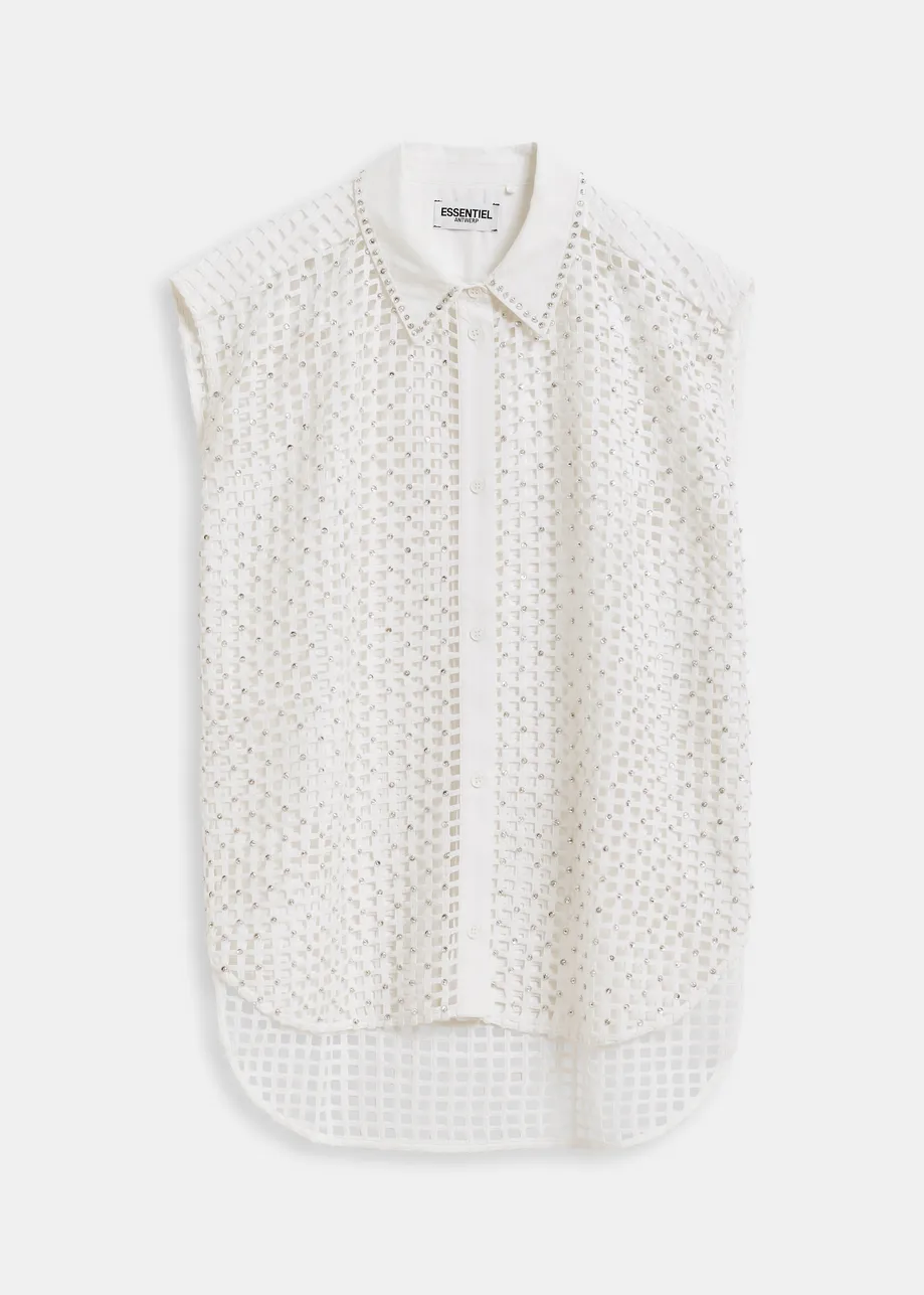 White mesh sleeveless shirt with bead embellishments