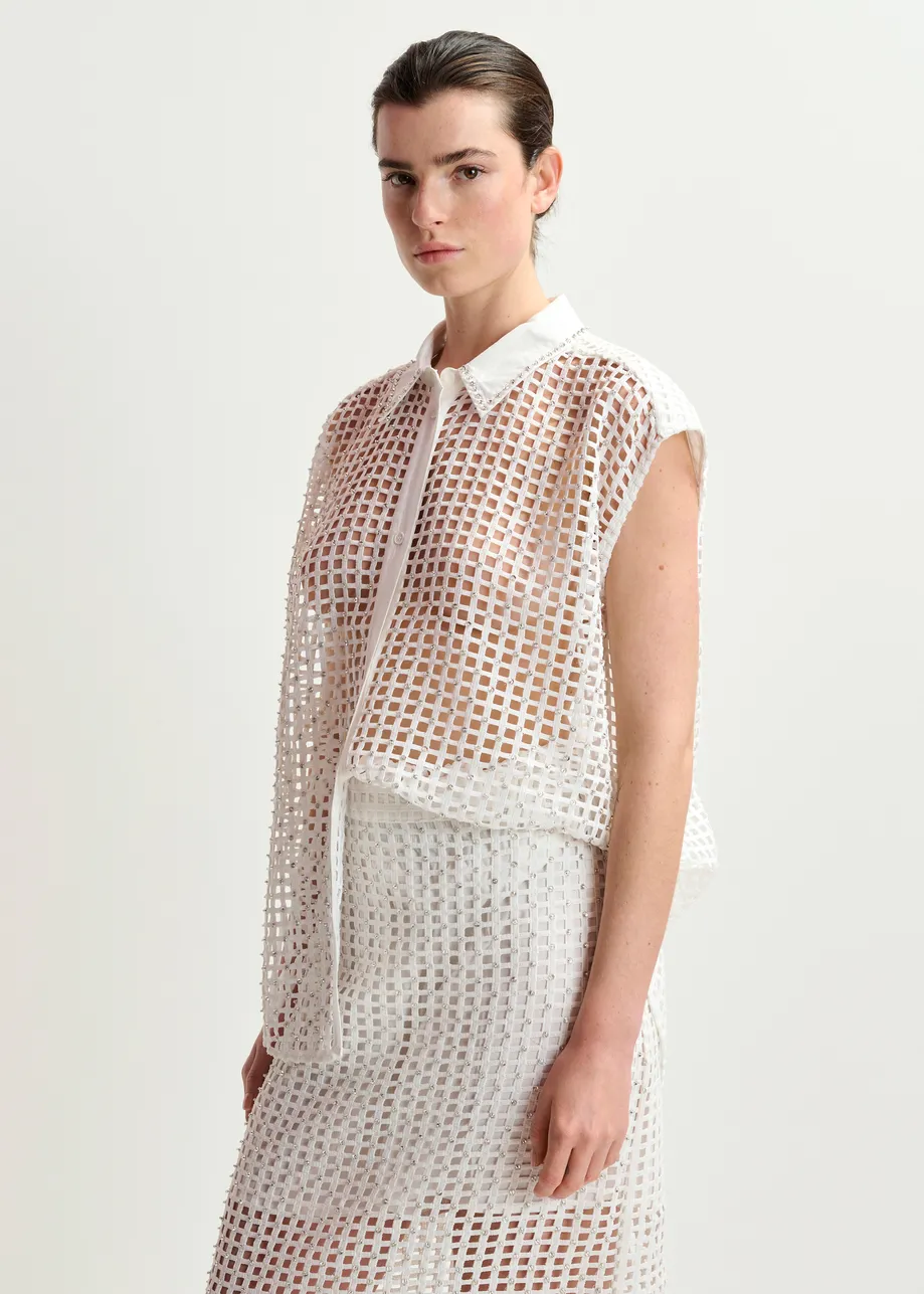 White mesh sleeveless shirt with bead embellishments