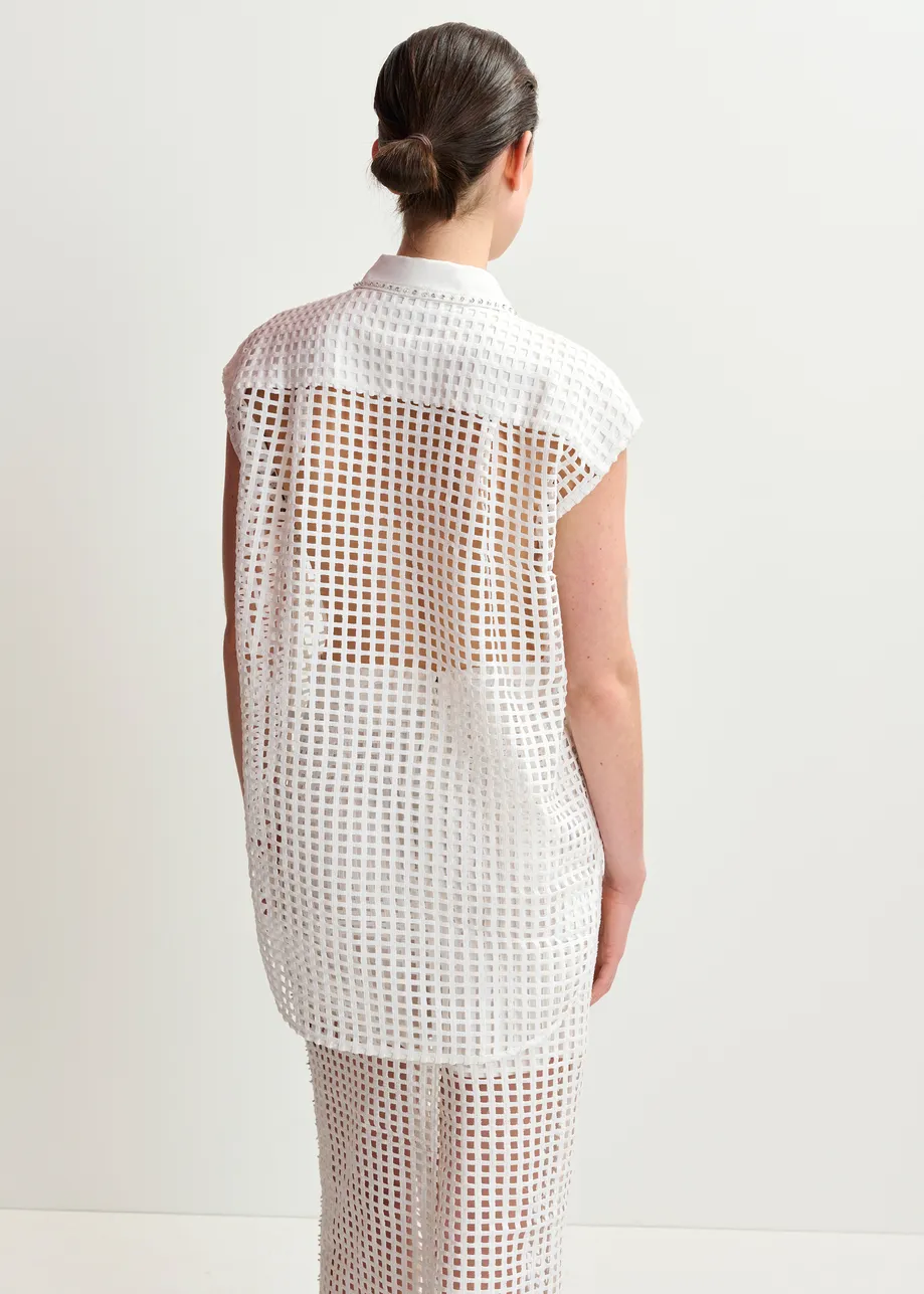 White mesh sleeveless shirt with bead embellishments