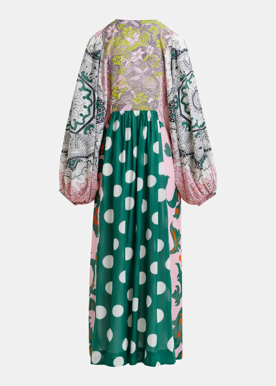Green, pink and multicolor printed cotton blend maxi dress