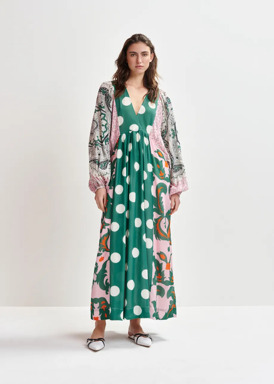 Green, pink and multicolor printed cotton blend maxi dress
