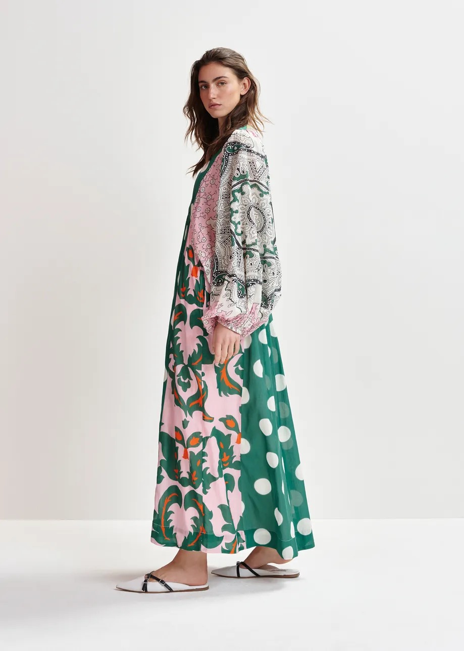 Green, pink and multicolor printed cotton blend maxi dress