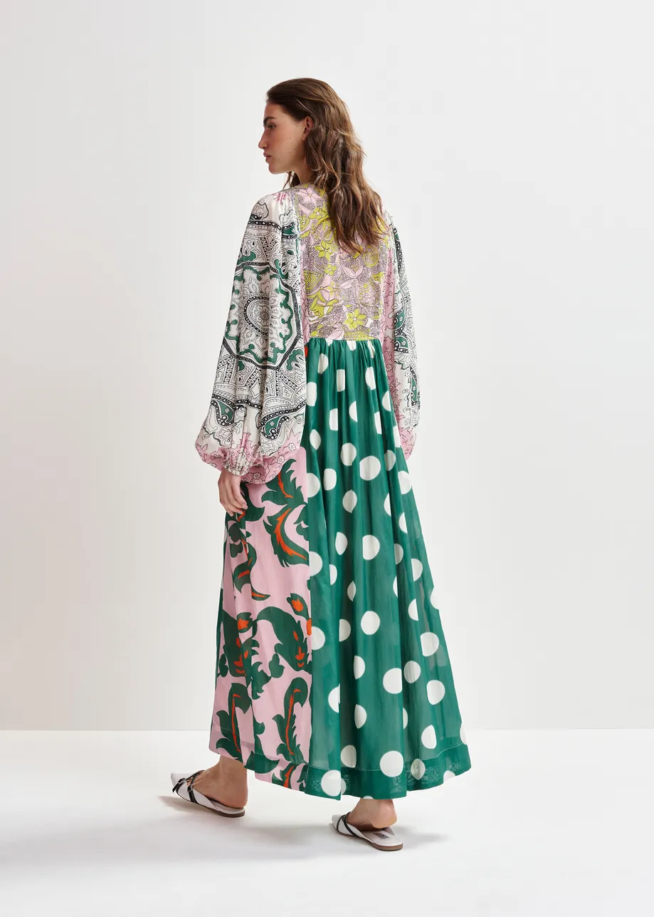 Green, pink and multicolor printed cotton blend maxi dress