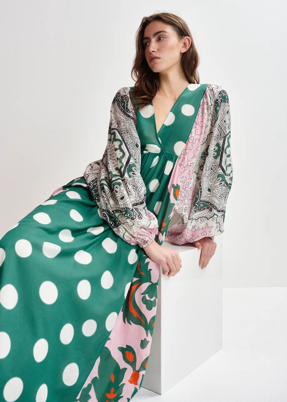 Green, pink and multicolor printed cotton blend maxi dress