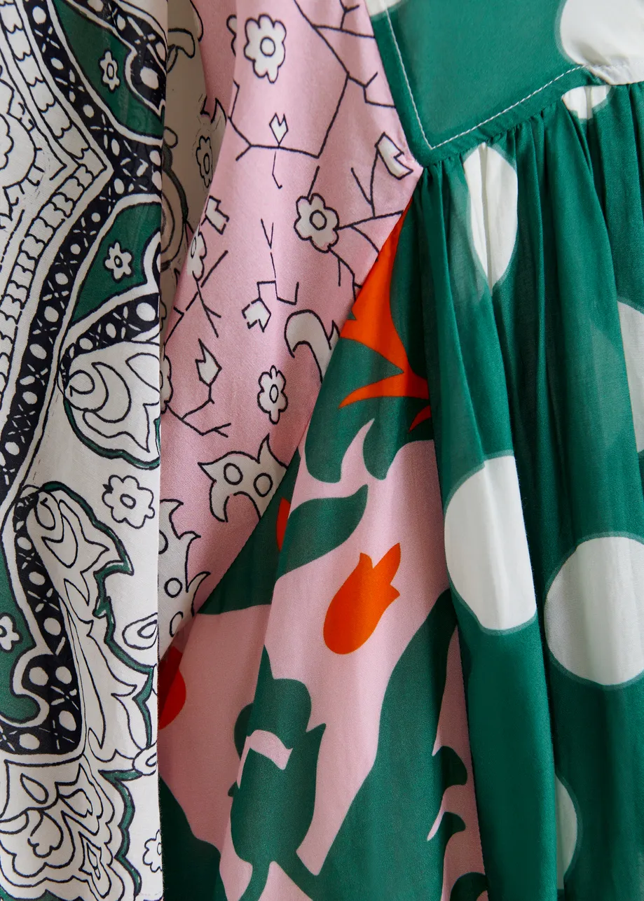 Green, pink and multicolor printed cotton blend maxi dress
