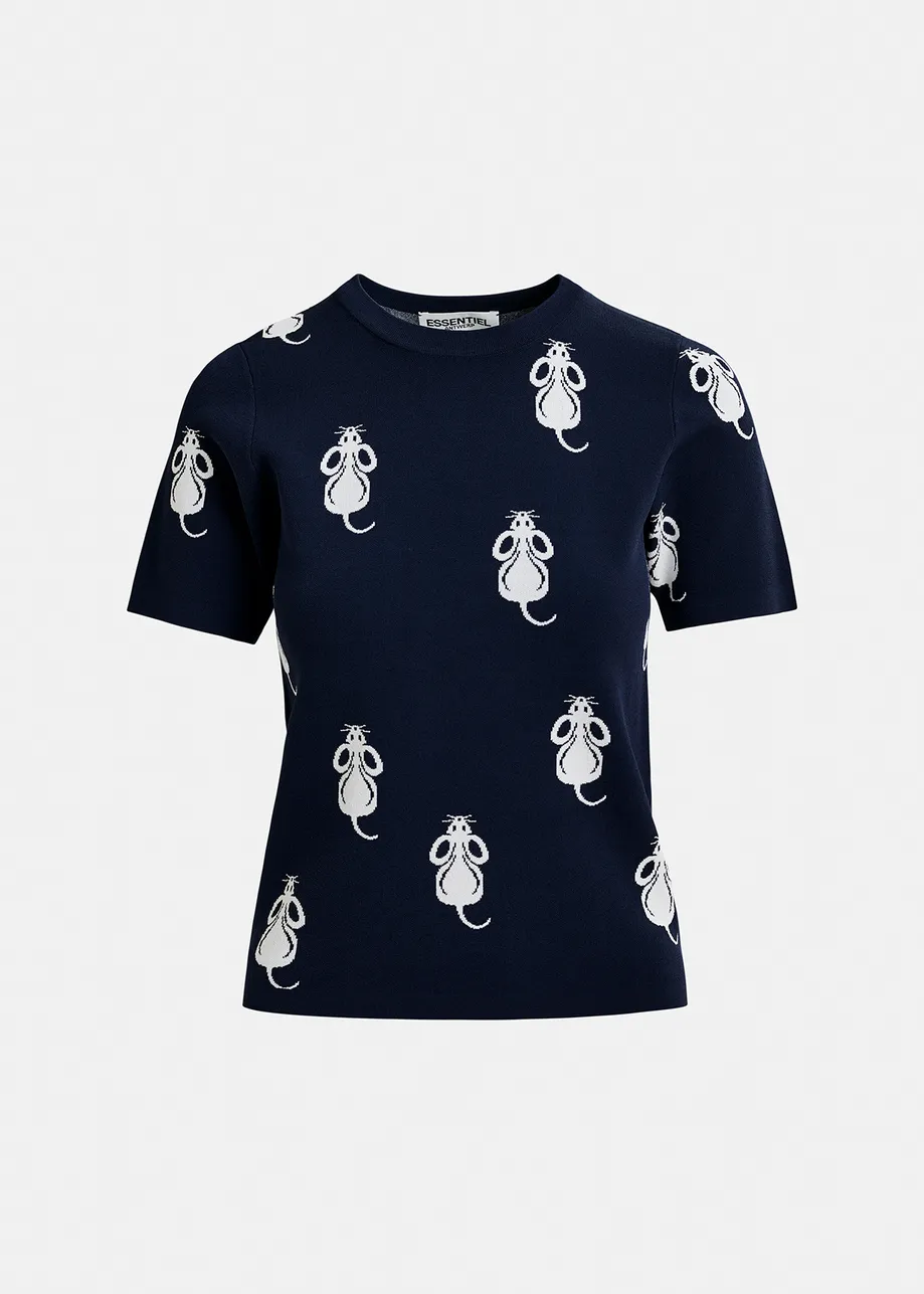 Navy blue short-sleeved knitted top with mice pattern