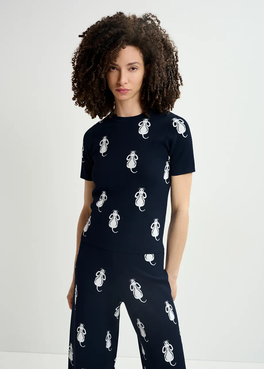 Navy blue short-sleeved knitted top with mice pattern