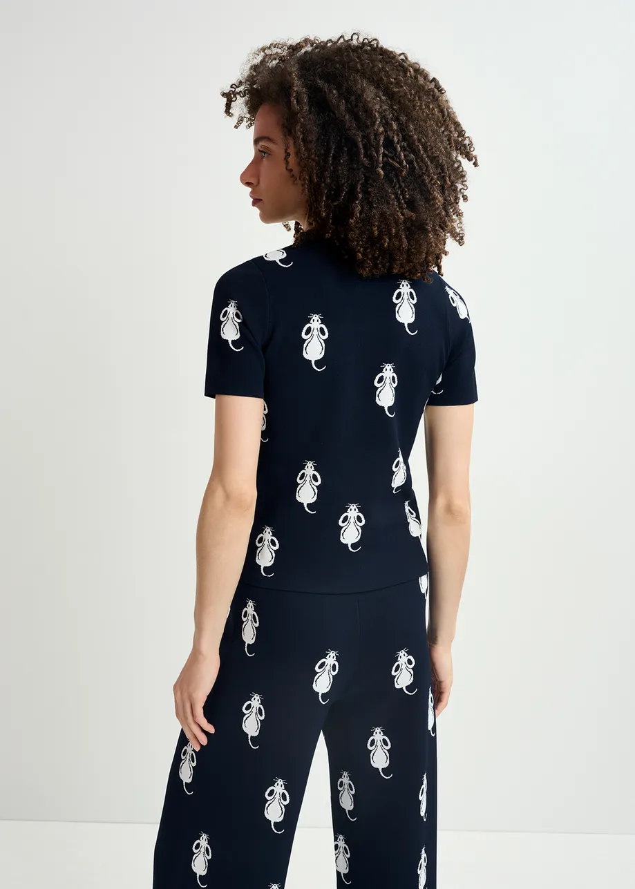 Navy blue short-sleeved knitted top with mice pattern