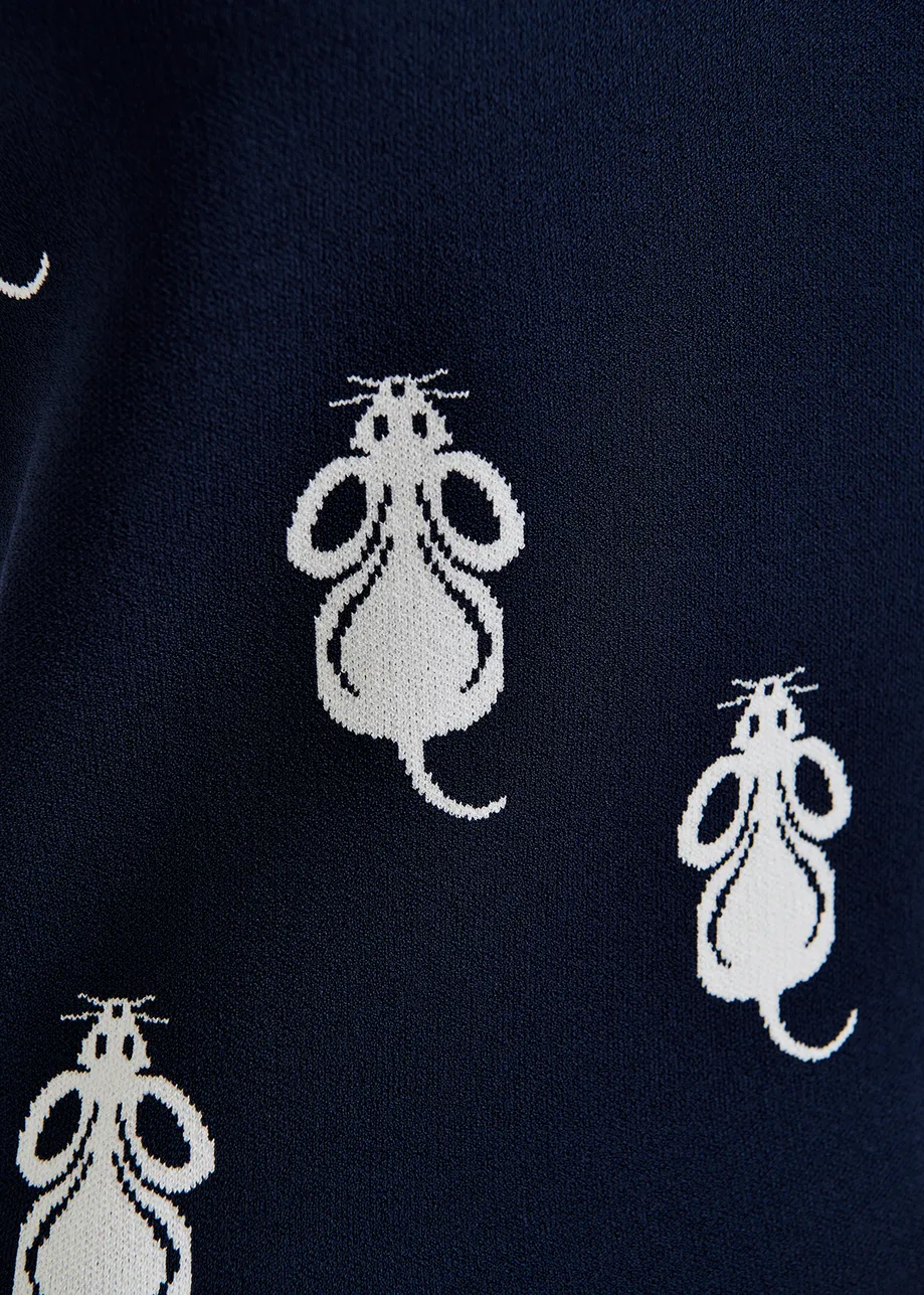 Top en tricot bleu marine à manches courtes et motif souris