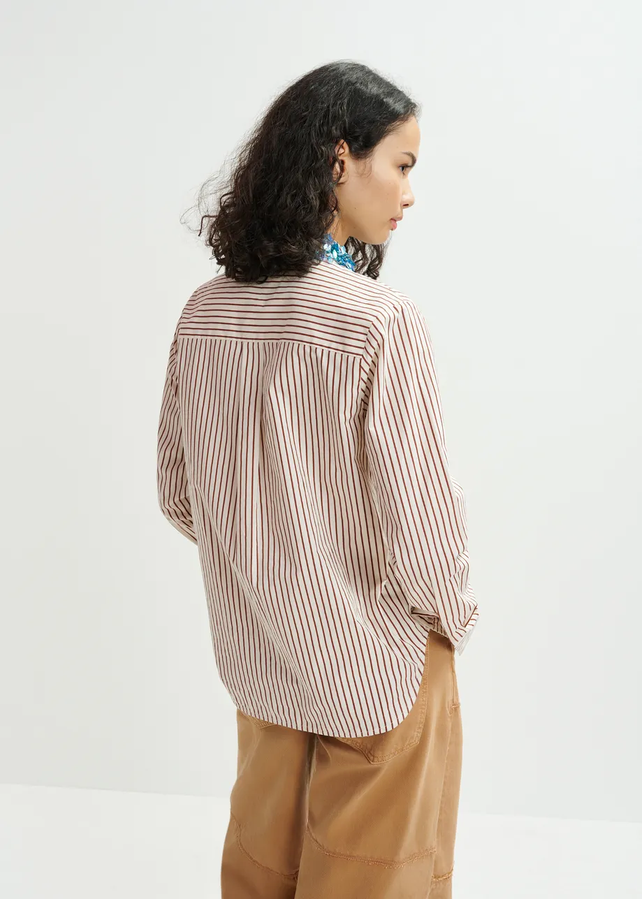 White, red and blue cotton shirt with sequin and bead embellished collar