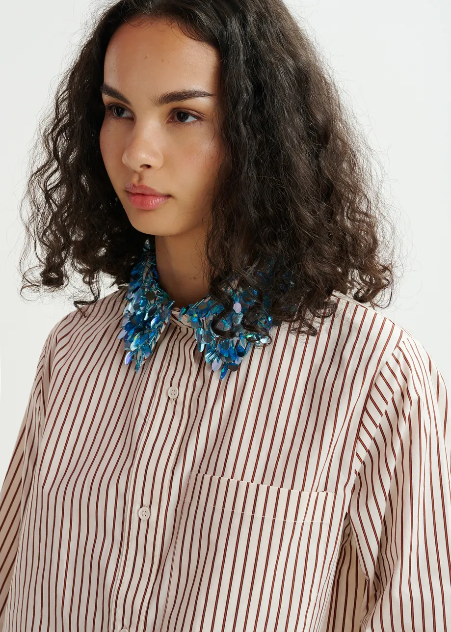 White, red and blue cotton shirt with sequin and bead embellished collar