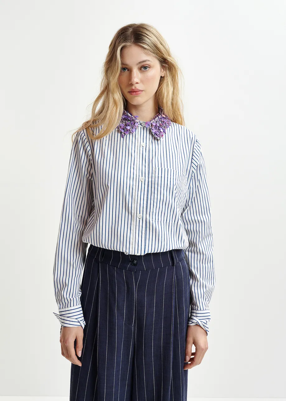 White, blue and purple cotton shirt with sequin and bead embellished collar