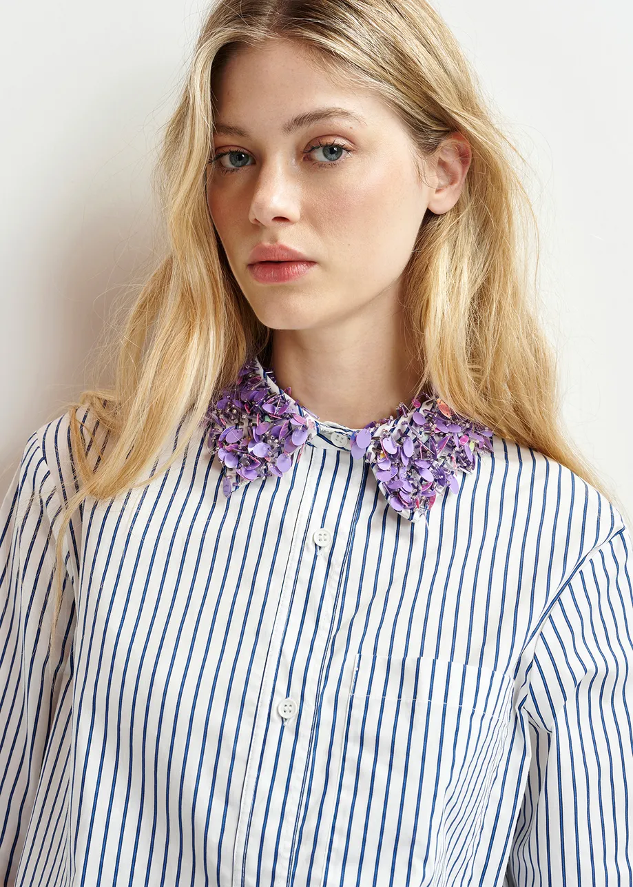 White, blue and purple cotton shirt with sequin and bead embellished collar