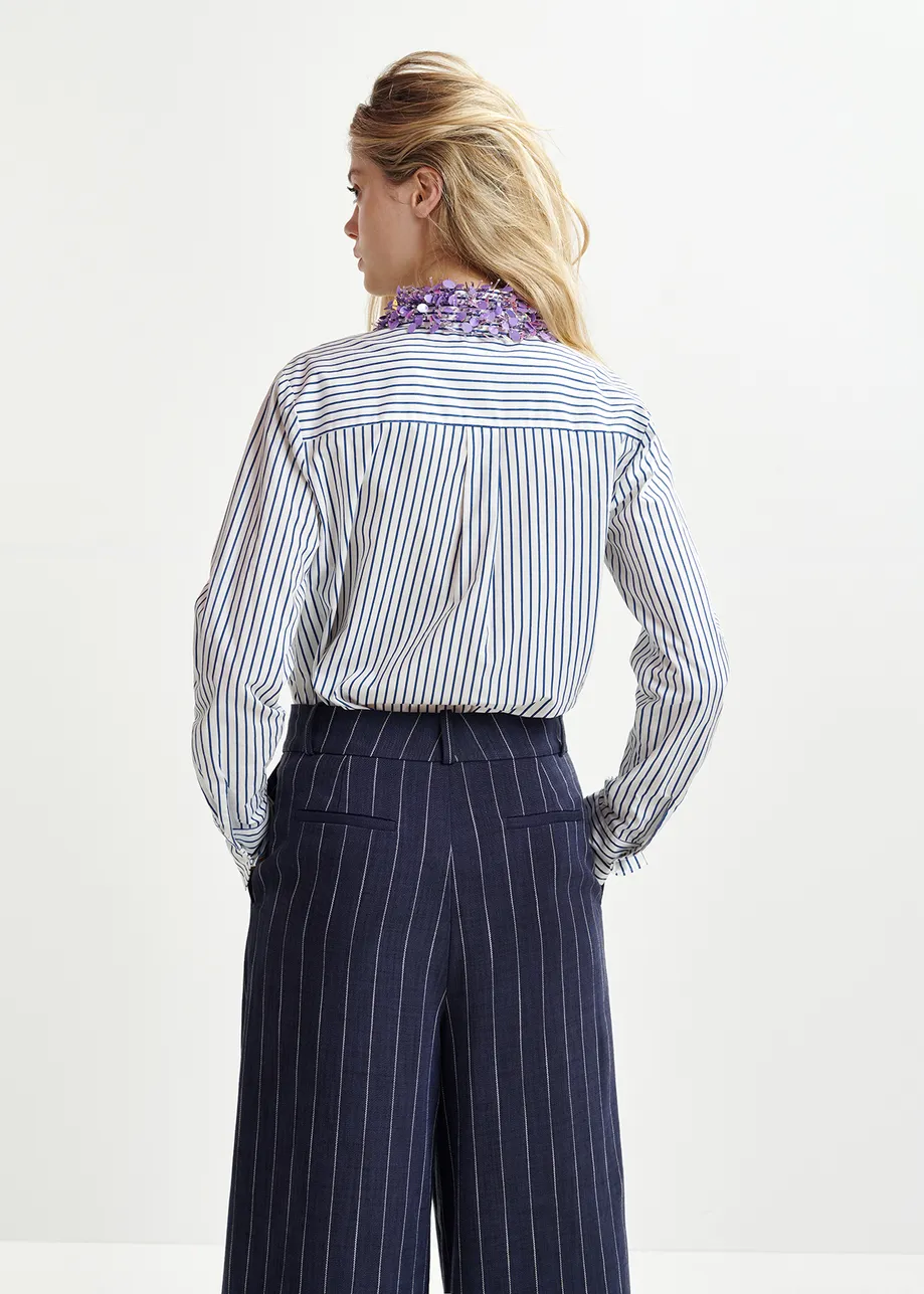 White, blue and purple cotton shirt with sequin and bead embellished collar