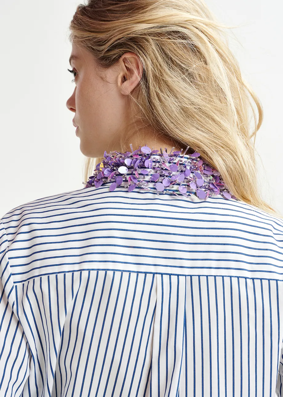 White, blue and purple cotton shirt with sequin and bead embellished collar