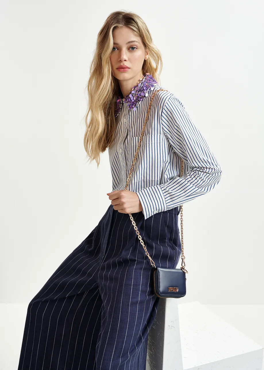 White, blue and purple cotton shirt with sequin and bead embellished collar