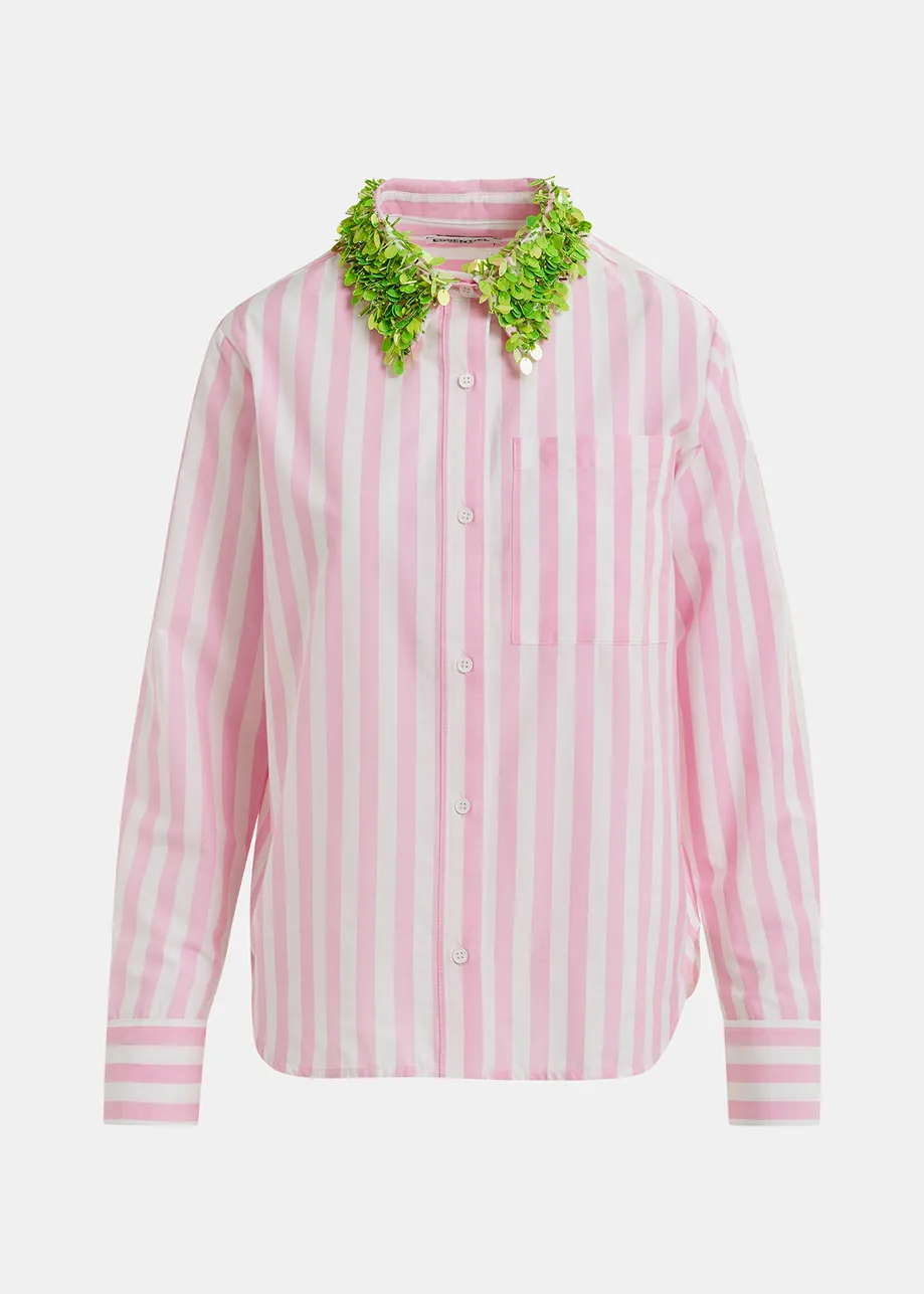 White, pink and green cotton shirt with sequin and bead embellished collar