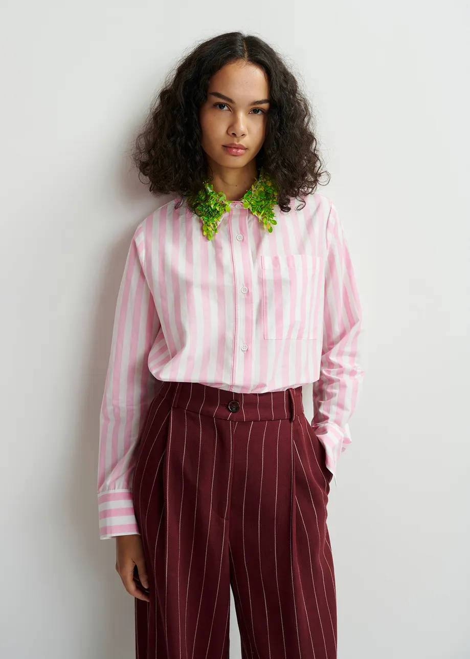 White, pink and green cotton shirt with sequin and bead embellished collar