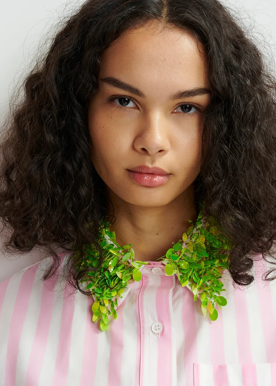 White, pink and green cotton shirt with sequin and bead embellished collar