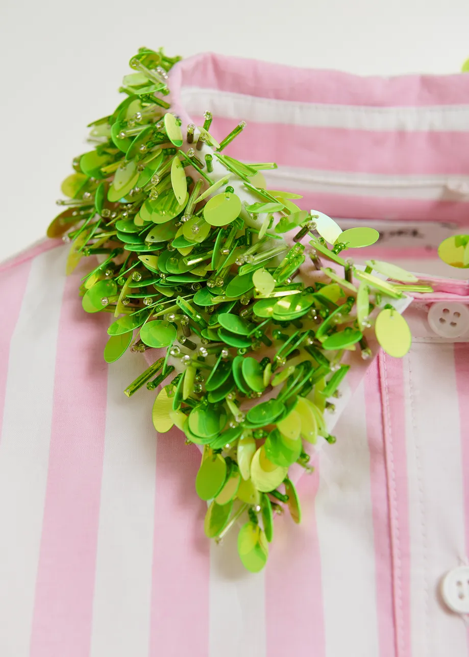 White, pink and green cotton shirt with sequin and bead embellished collar