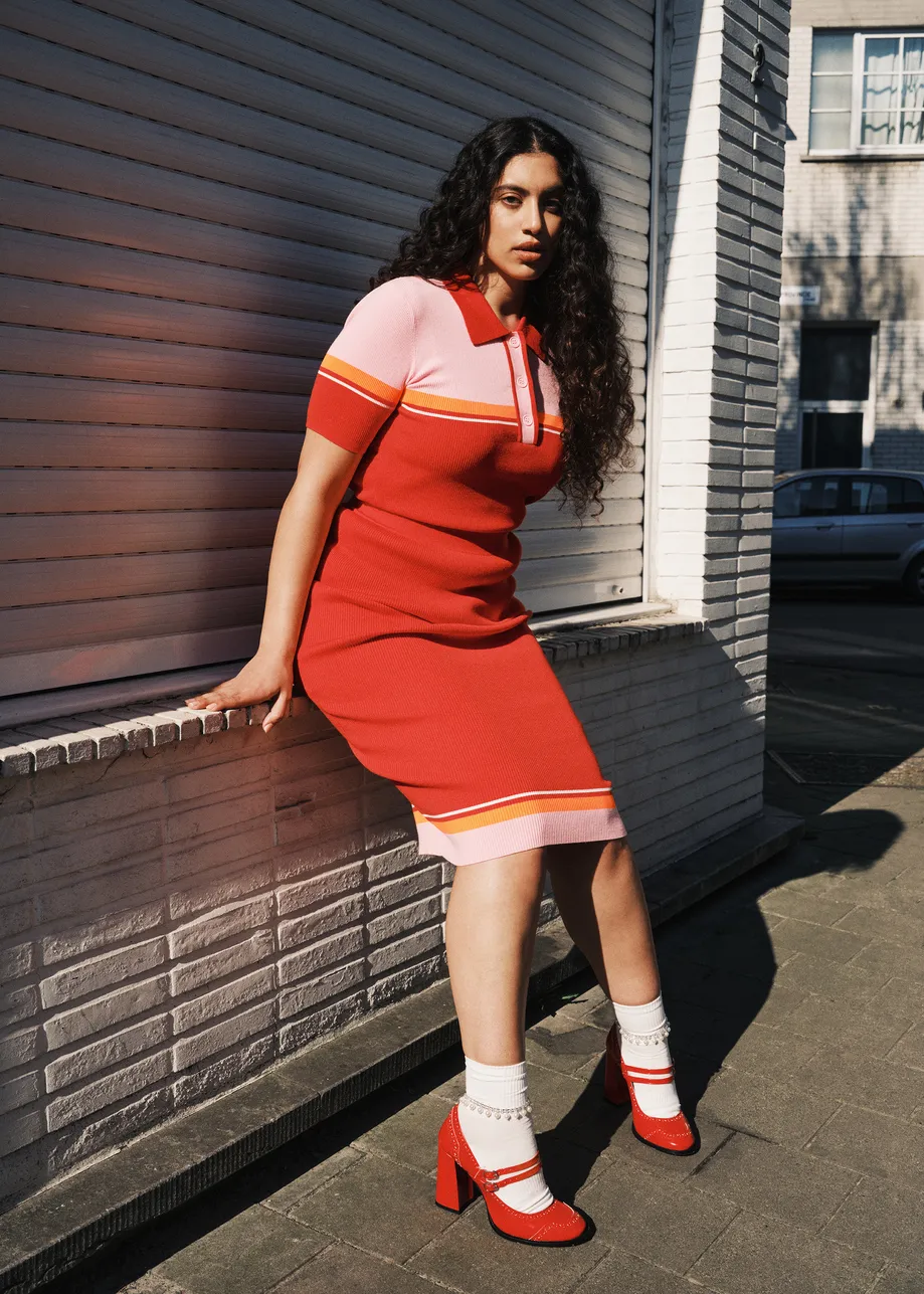Red, pink and orange midi skirt with contrasting border