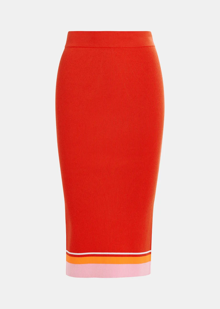 Rode, roze en oranje midirok met contrastboord