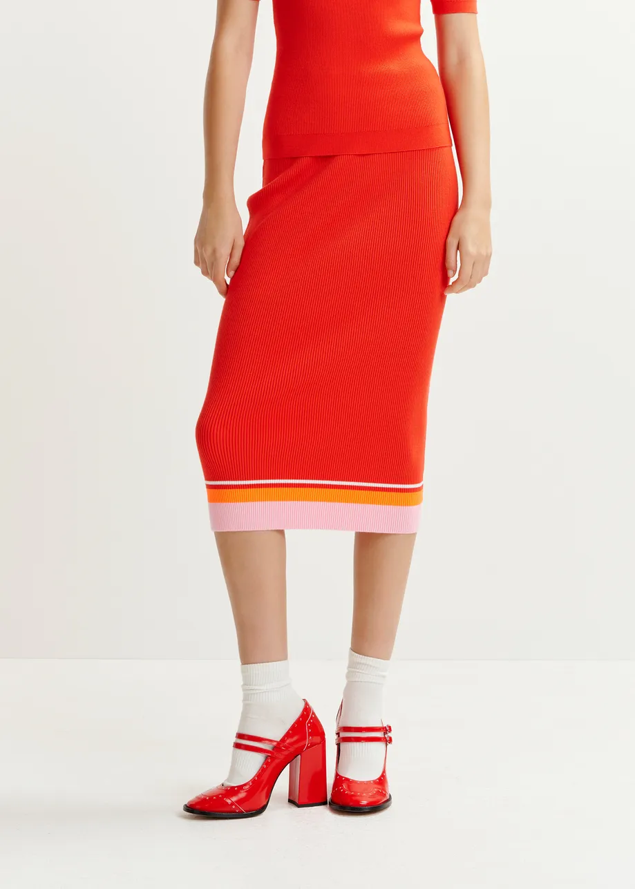 Red, pink and orange midi skirt with contrasting border