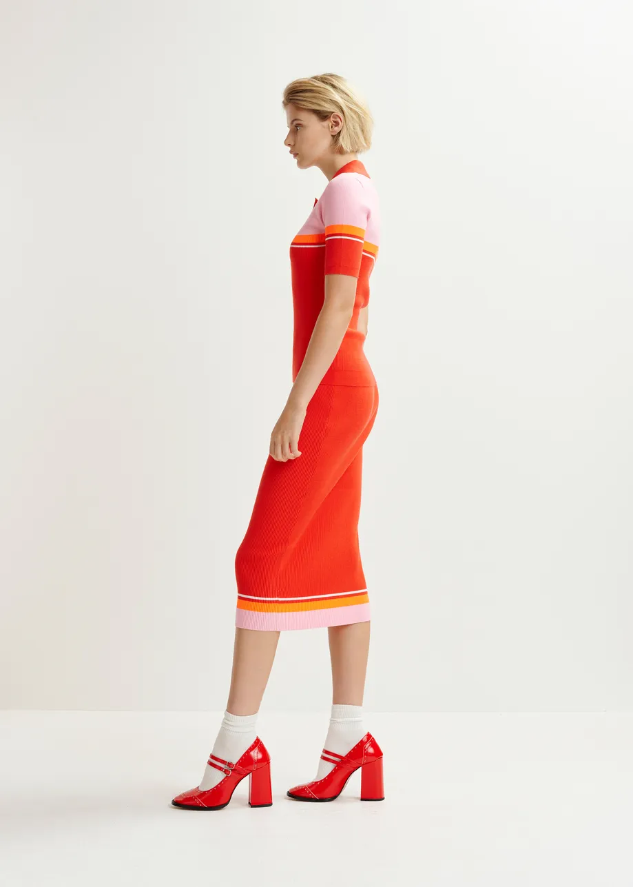 Red, pink and orange midi skirt with contrasting border