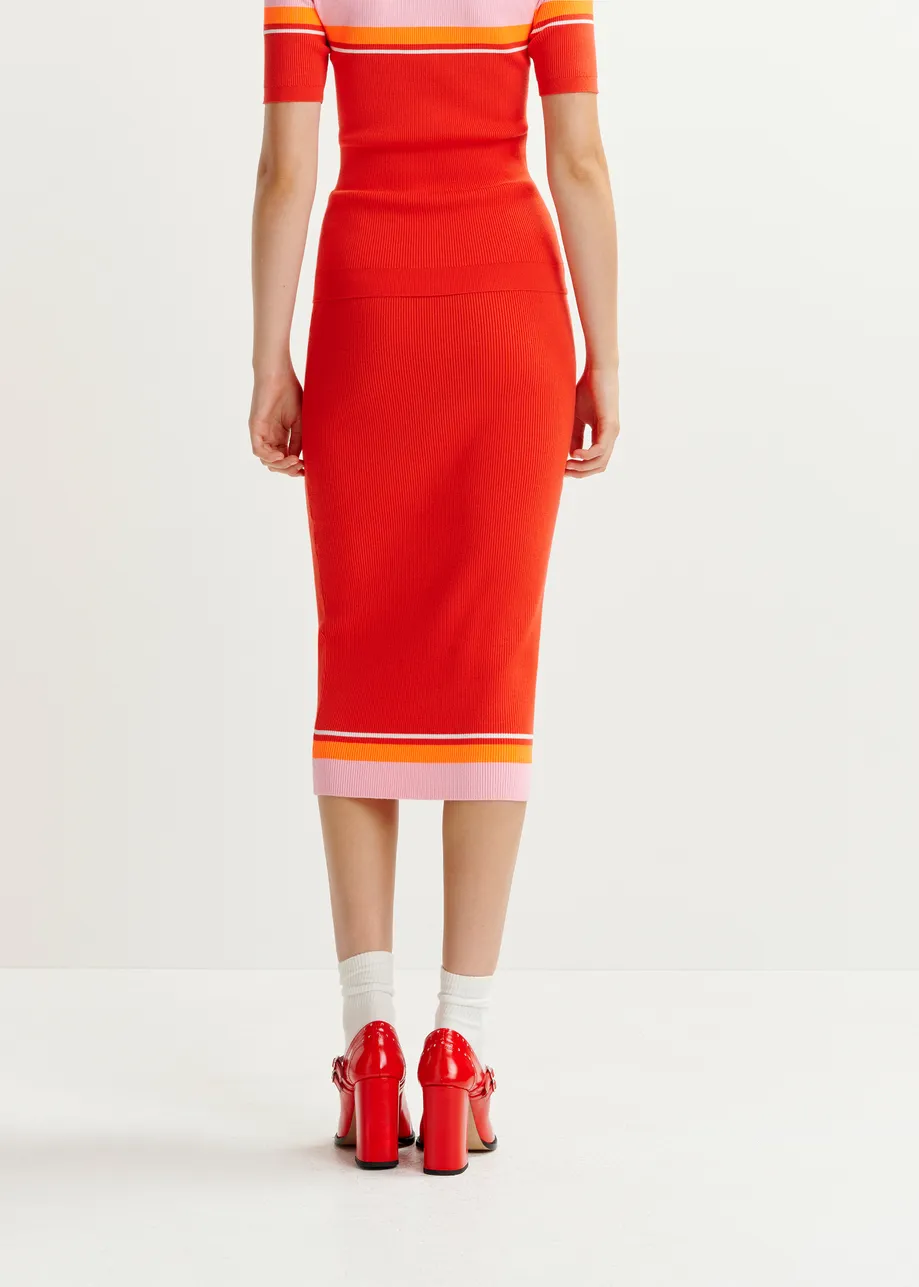 Red, pink and orange midi skirt with contrasting border