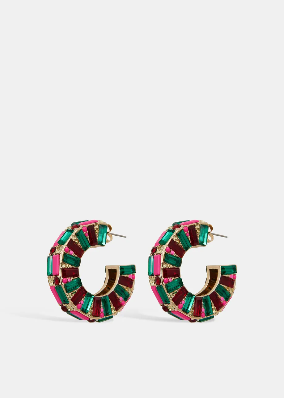 Gold-tone hoop earrings with multicolored rhinestones