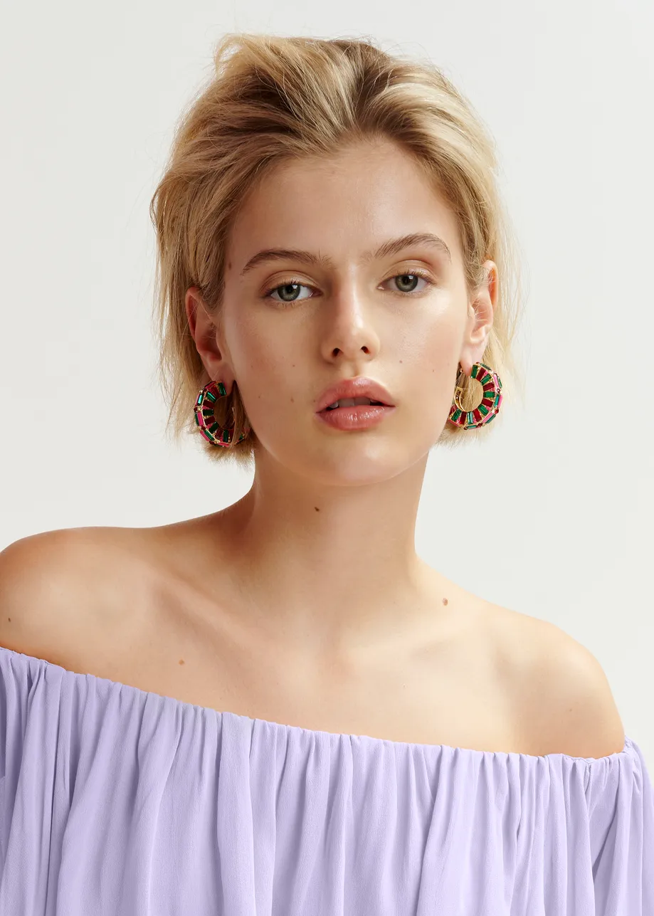 Gold-tone hoop earrings with multicolored rhinestones