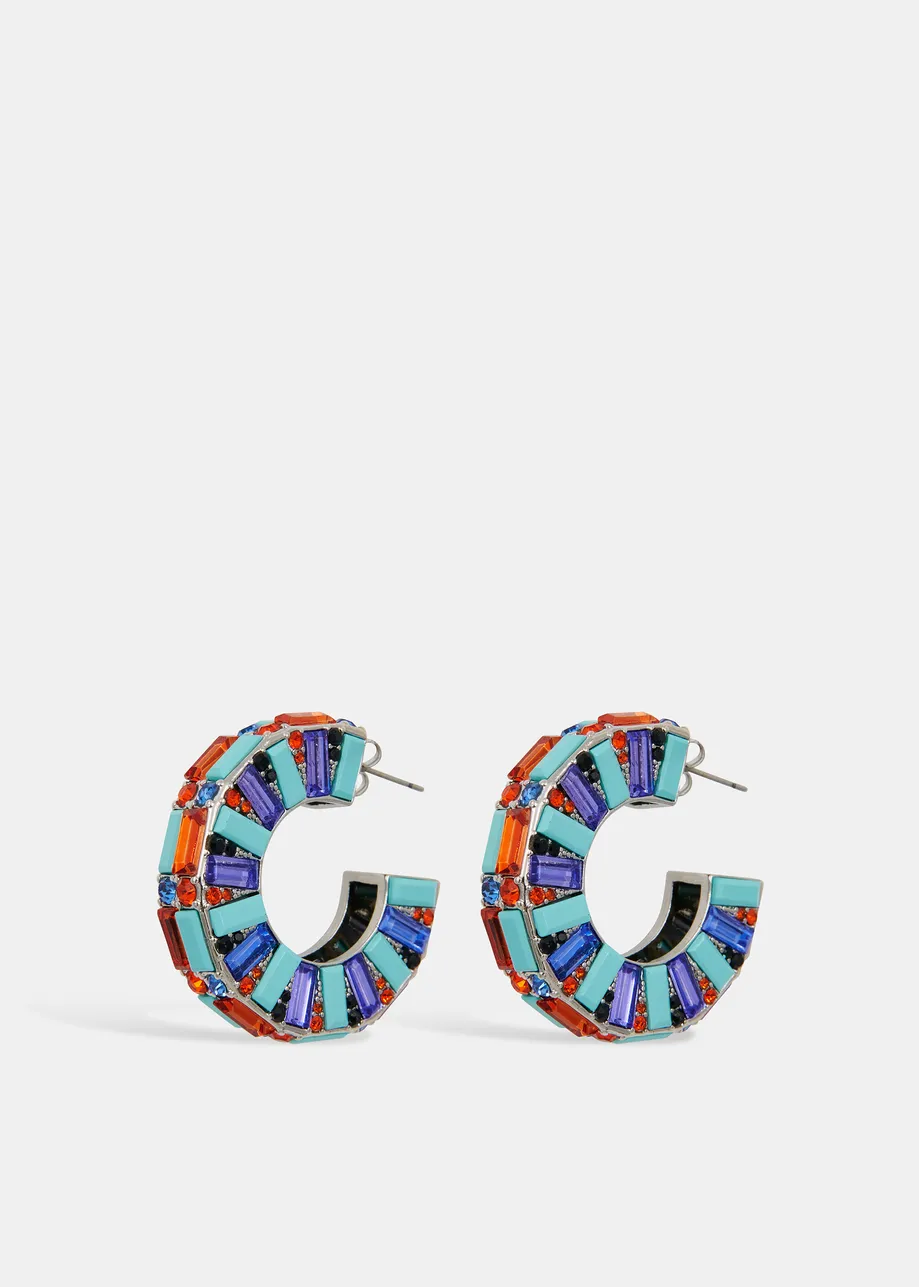 Gold-tone hoop earrings with multicolored rhinestones