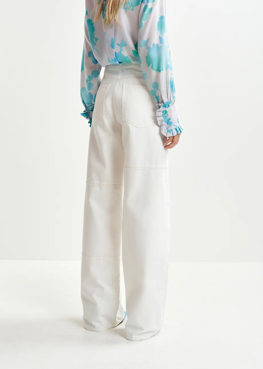 White straight-leg patchwork jeans