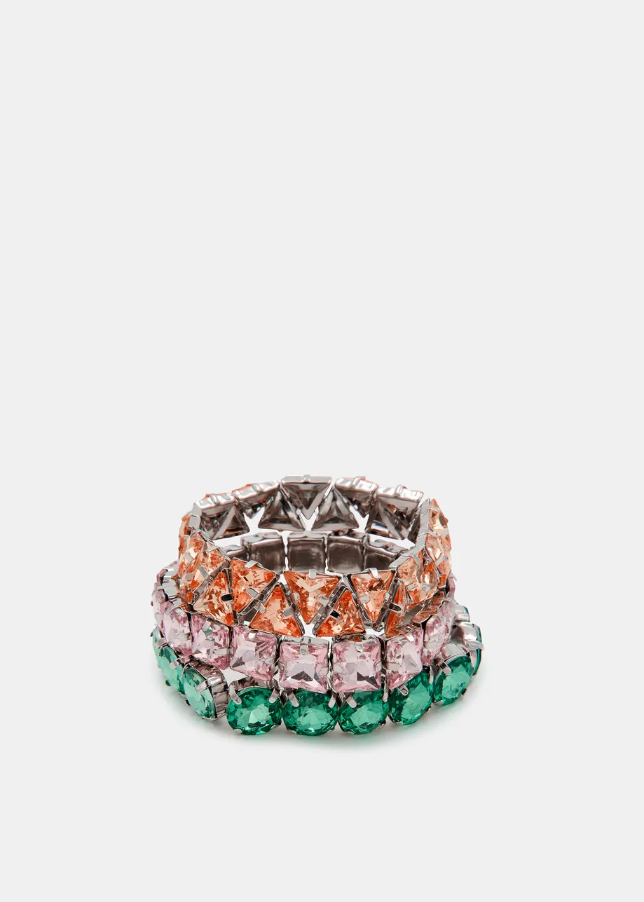 Armbänder mit orangefarbenen, rosa und grünen Strasssteinen