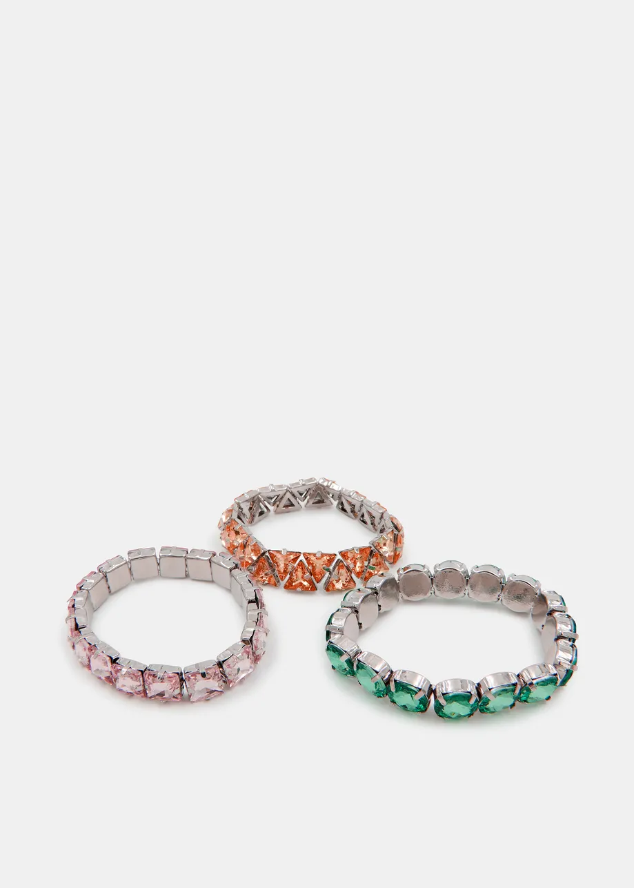 Bracelets en strass orange, roses et verts