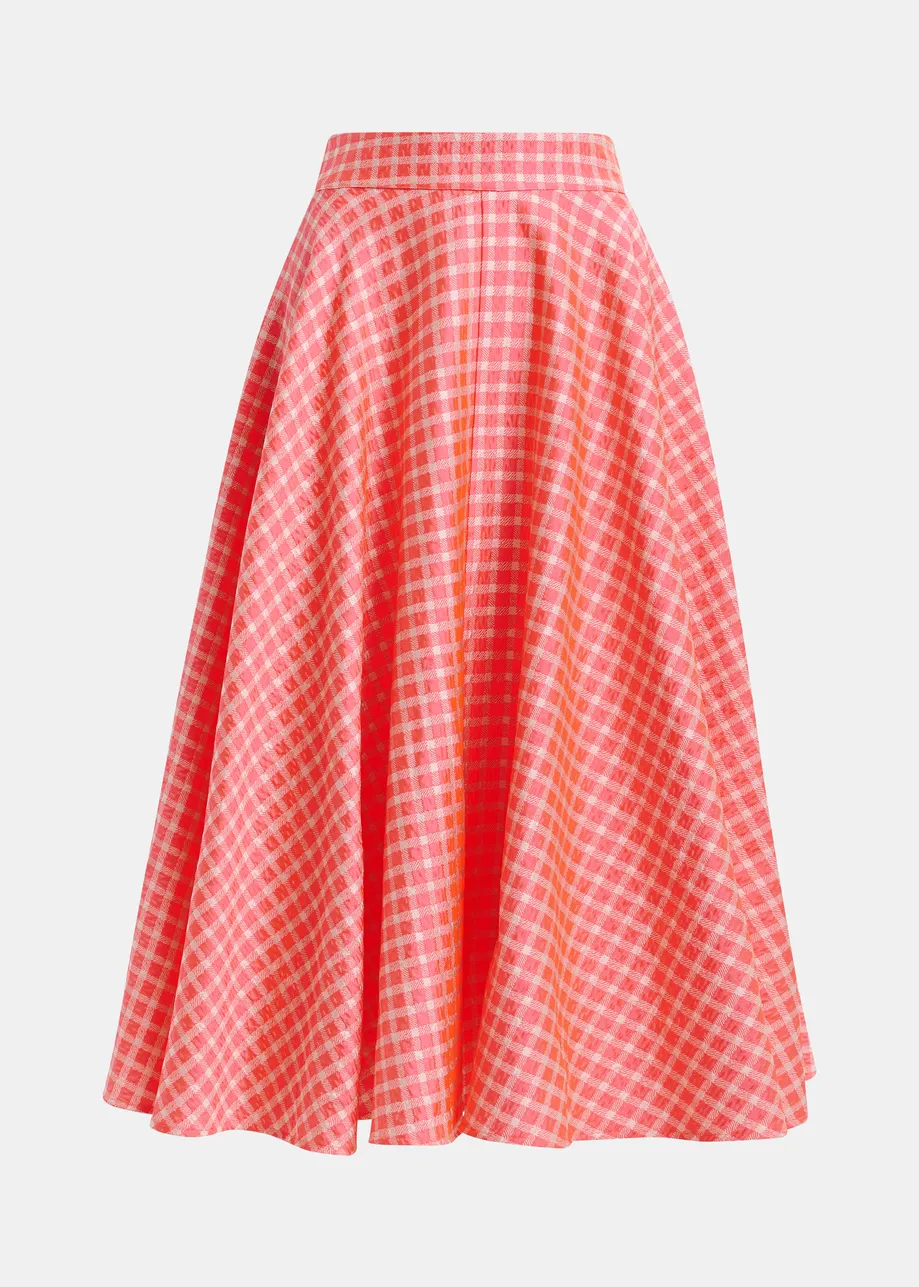 Orange and light pink pleated midi skirt with check pattern