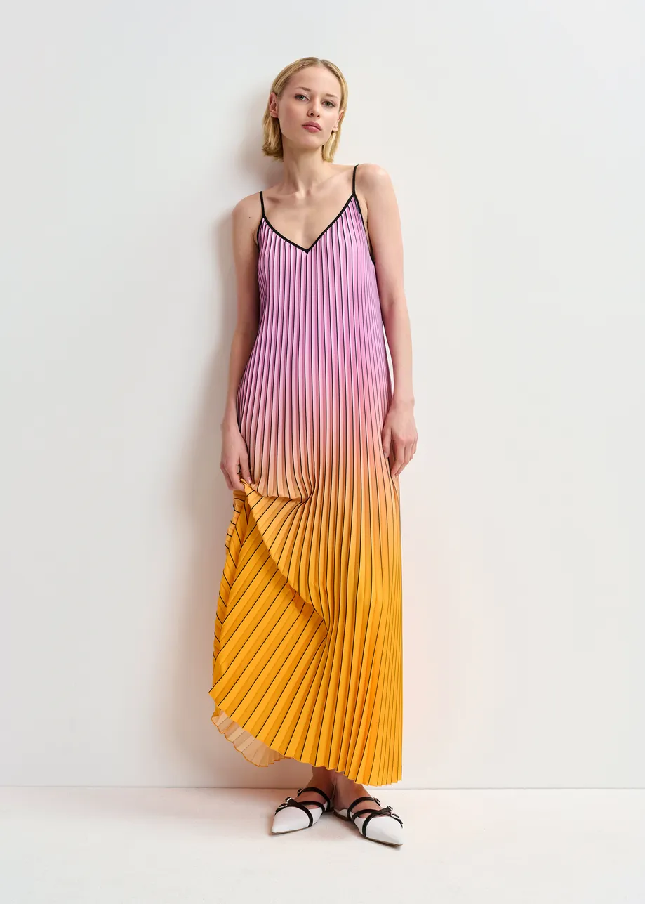 Pink, orange and black plissé slip dress with gradient effect