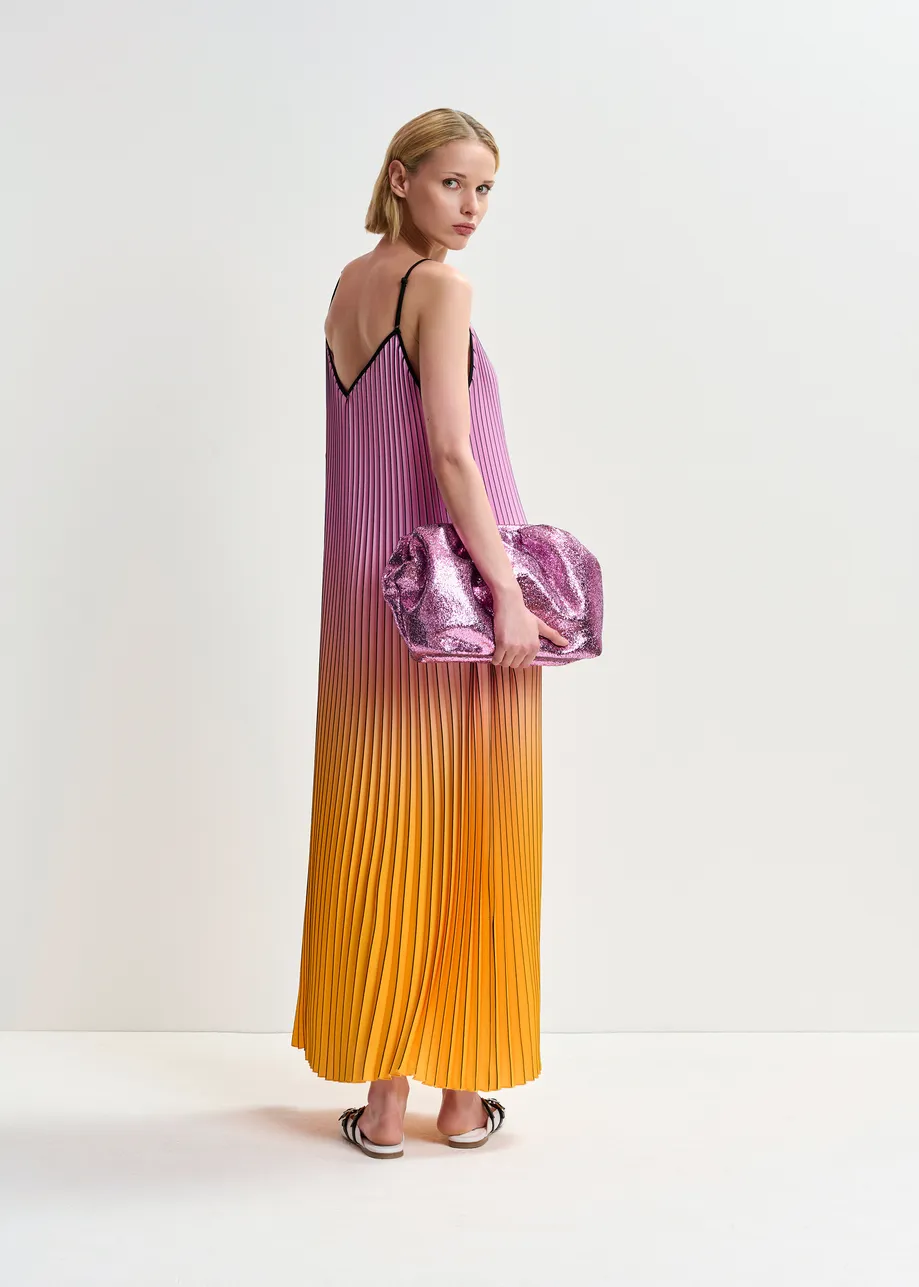 Pink, orange and black plissé slip dress with gradient effect