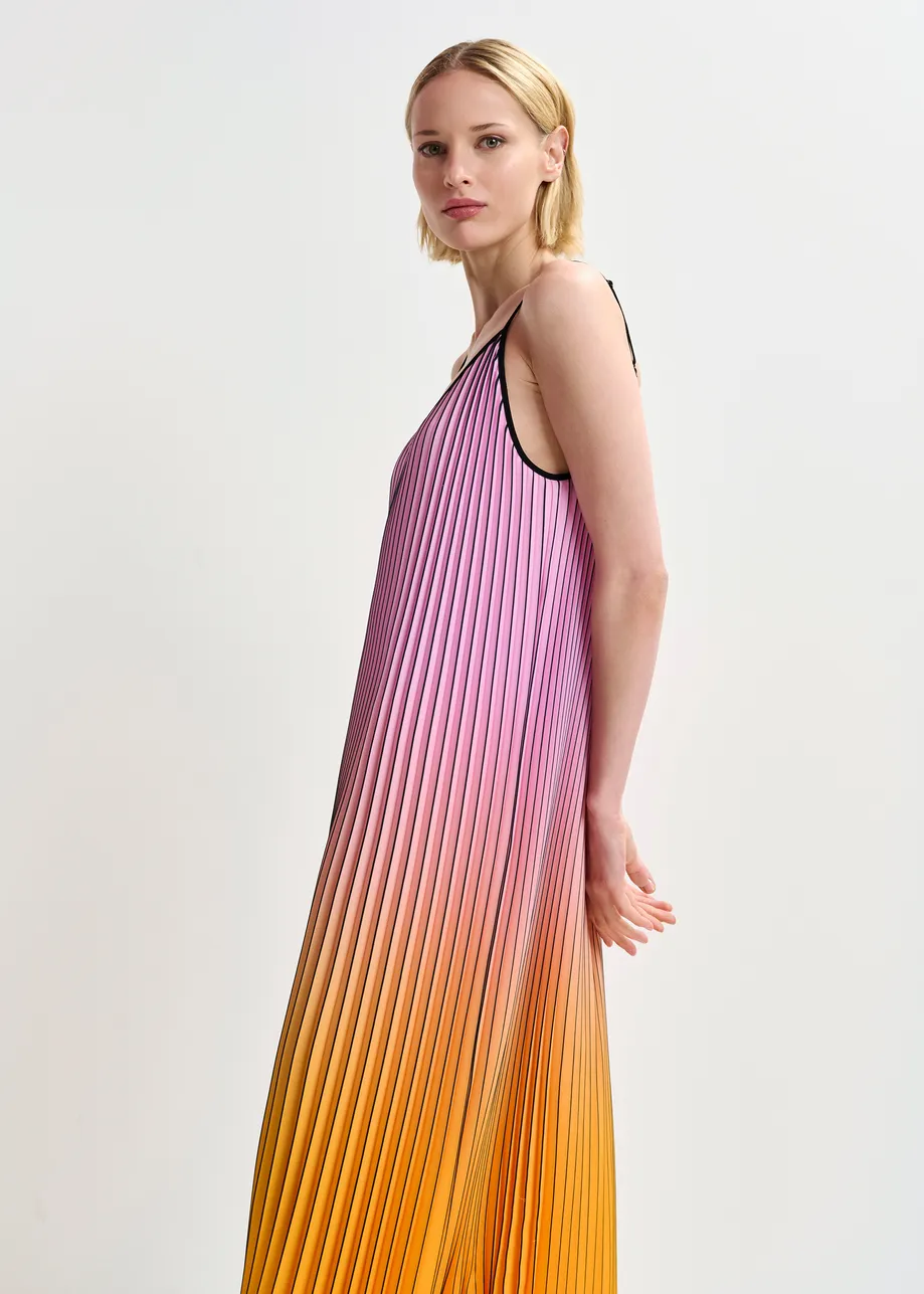 Pink, orange and black plissé slip dress with gradient effect