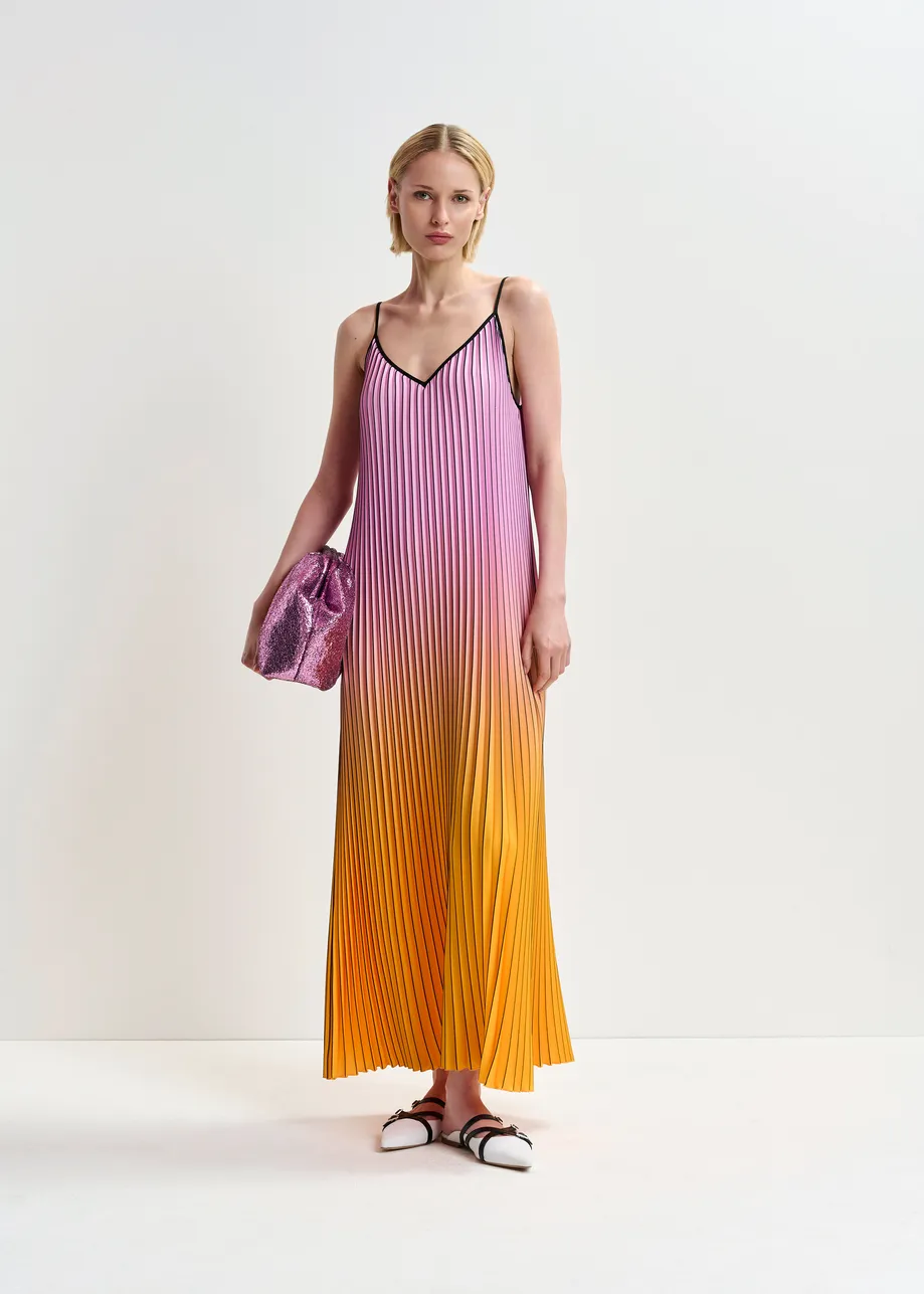 Pink, orange and black plissé slip dress with gradient effect