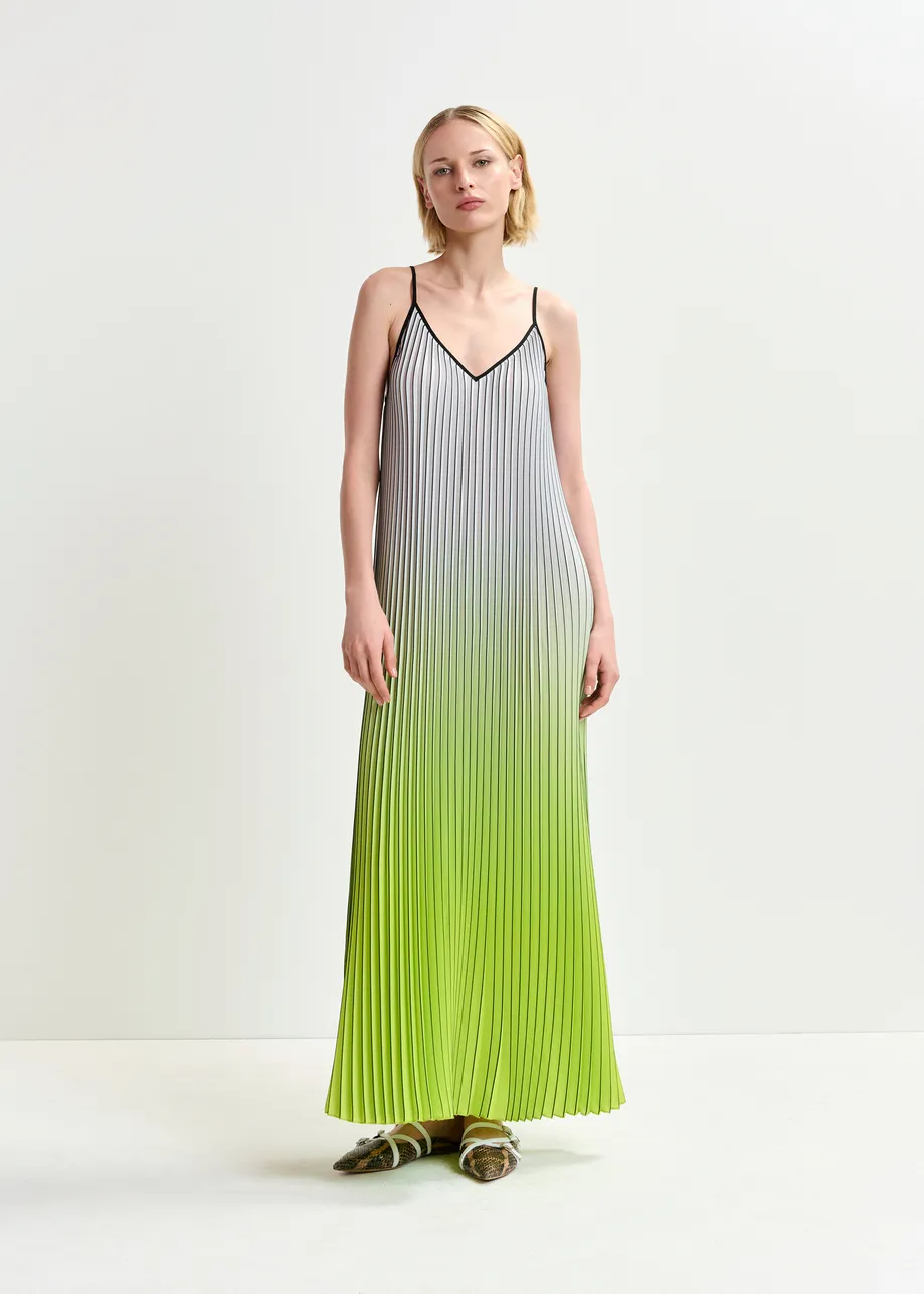 Grey, green and black plissé slip dress with gradient effect