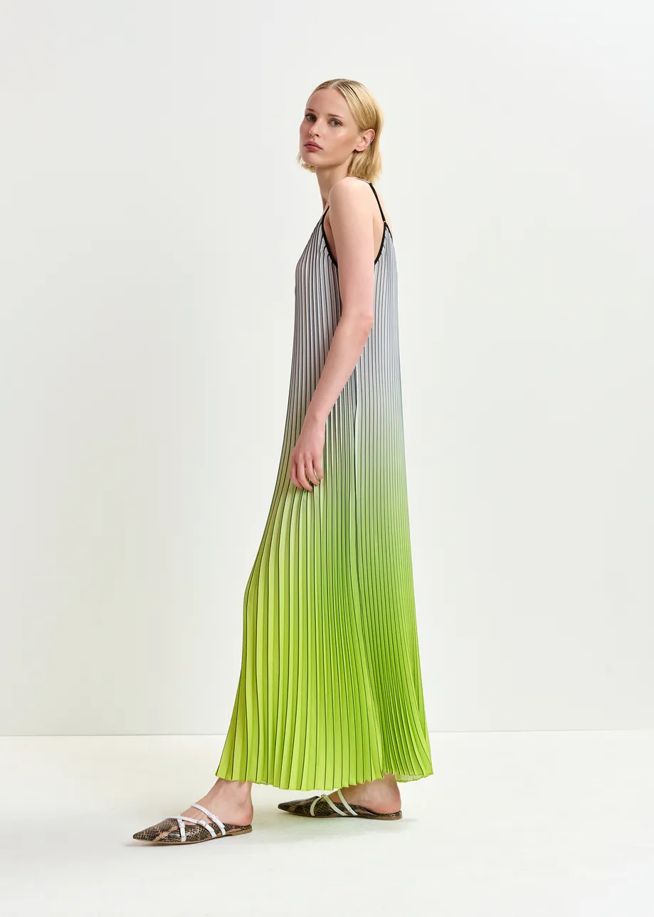 Grey, green and black plissé slip dress with gradient effect