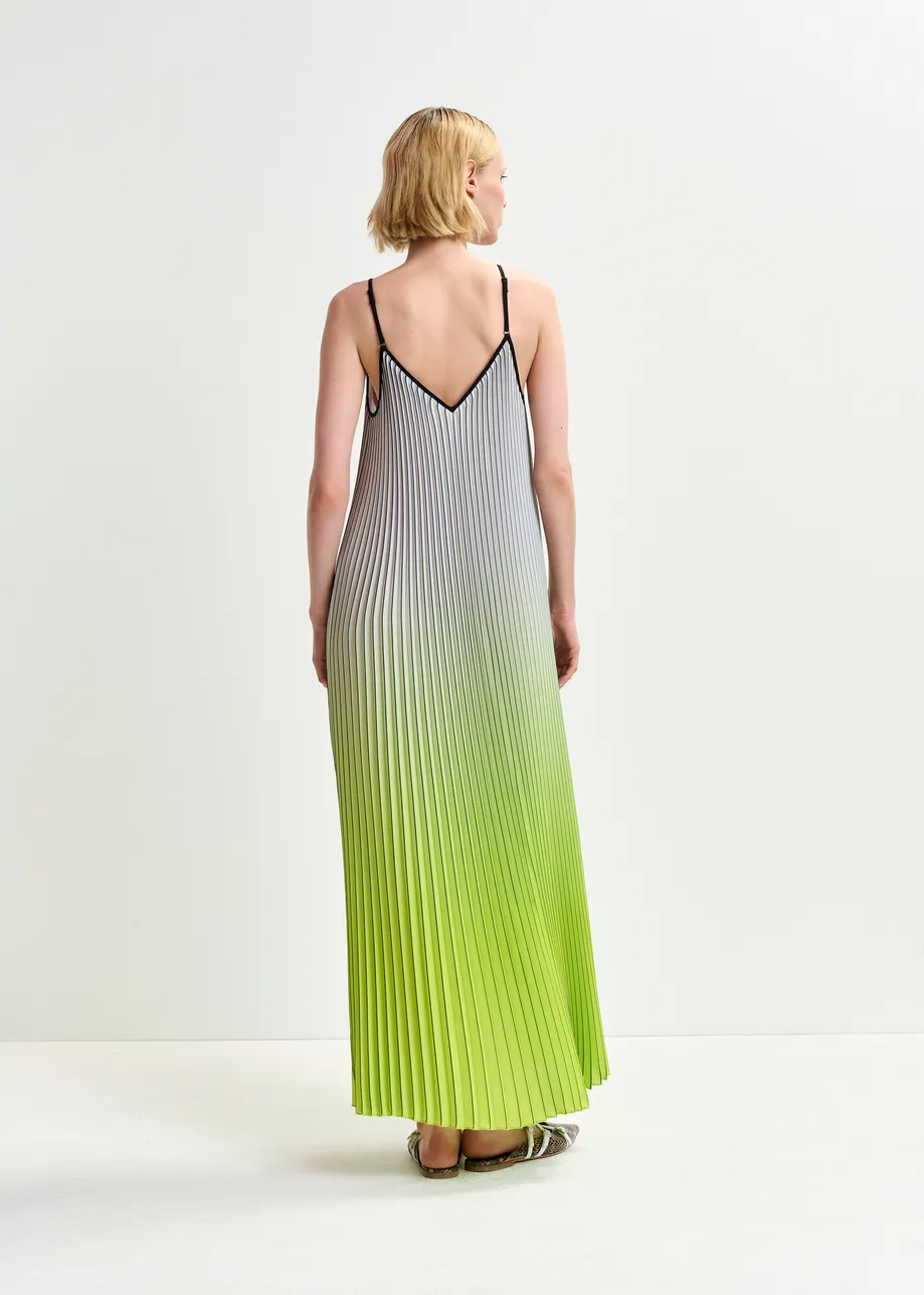 Grey, green and black plissé slip dress with gradient effect