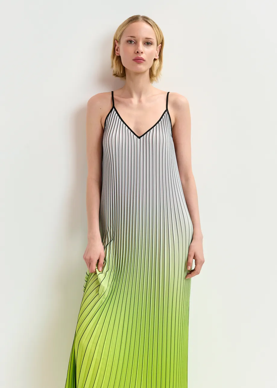 Grey, green and black plissé slip dress with gradient effect